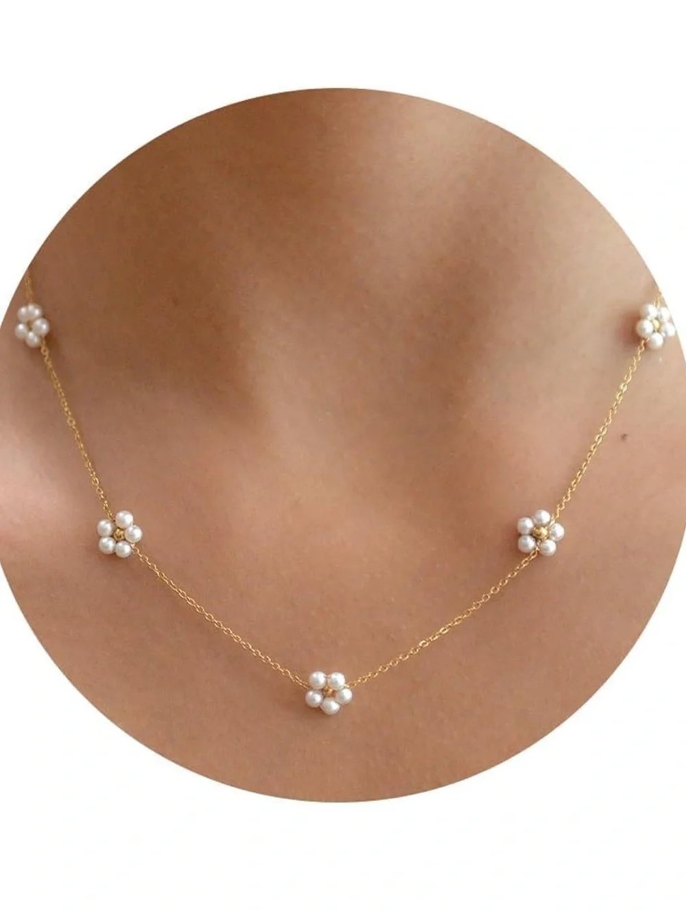 Anthropologie Gold Chain Necklace with Pearl Flower Stations
